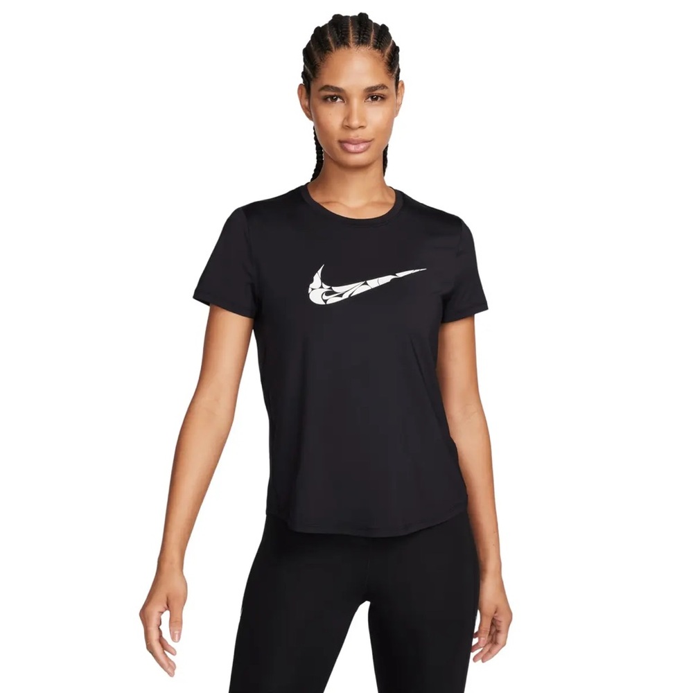 Nike One Dri-fit Black Short Sleeve Tee with Patterned White Swoosh medium